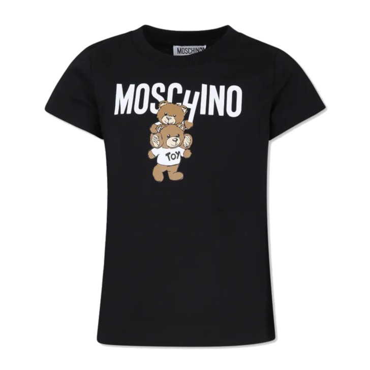 MOSCHINO T-SHIRT IN COTONE A MANICA CORTA BLACK CON LOGO LETTERING WHITE E TEDDY BEAR	