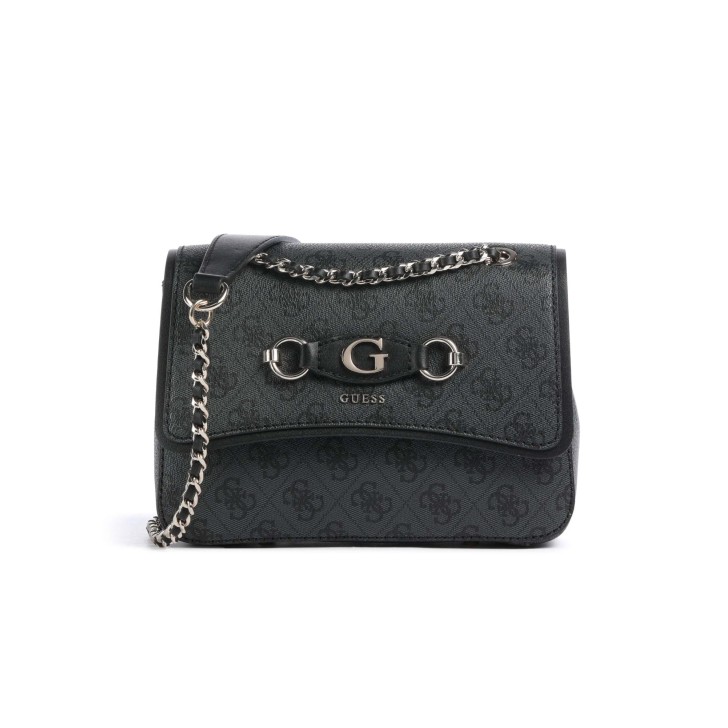 GUESS IZZY BORSA A TRACOLLA NERA LOGO ALL-OVER CON PATTINA 