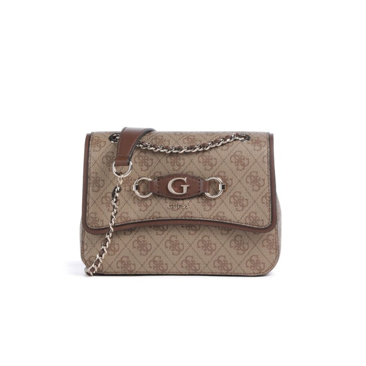 GUESS IZZY BORSA A TRACOLLA MARRONE LOGO ALL-OVER CON PATTINA