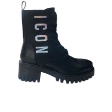 ICON STIVALETTO IN PELLE E TESSUTO BLACK CON PATCH CON LOGO LETTERING 