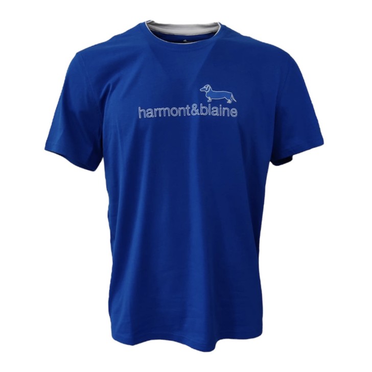 Harmont&Blaine T-Shirt azzurra in cotone a manica corta con logo lettering a rilievo