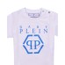 Philipp Plein T-shirt a manica corta bianca in cotone con maxi logo azzurro stampato