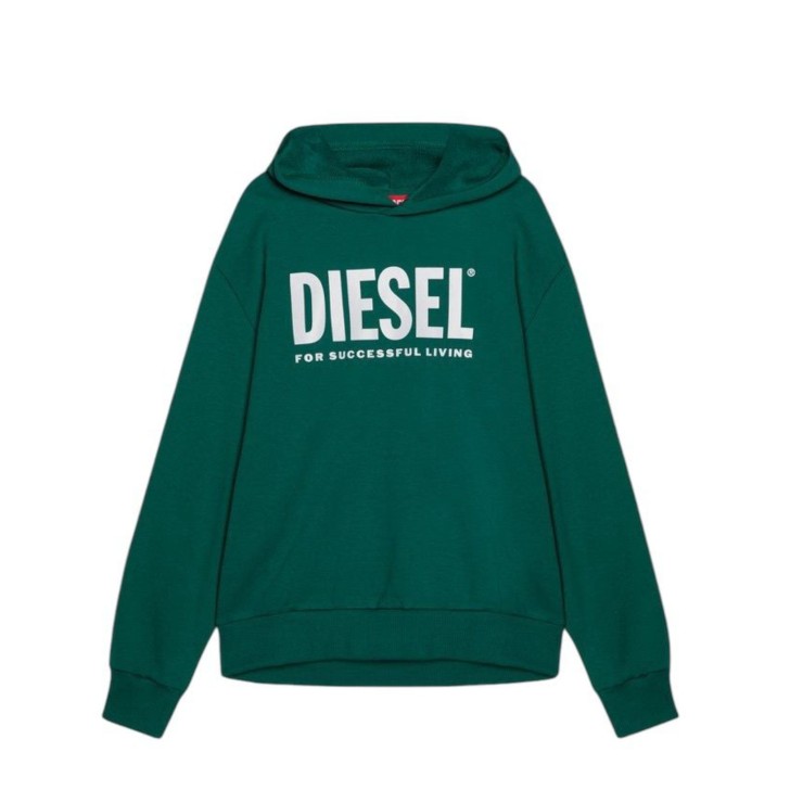 Diesel Felpa Unisex Verde in cotone con cappuccio e Logo