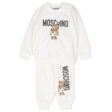 MOSCHINO COMPLETO BABY IN COTONE FELPA A GIROCOLLO+PANTALONE WHITE CON LOGO LETTERING BLACK E TEDDY BEAR	