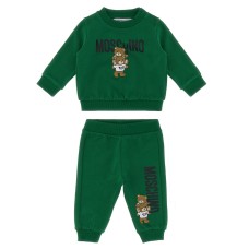 MOSCHINO COMPLETO BABY IN COTONE FELPA A GIROCOLLO+PANTALONE GREEN CON LOGO LETTERING BLACK E TEDDY BEAR