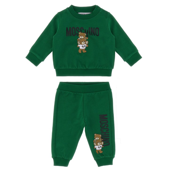 MOSCHINO COMPLETO BABY IN COTONE FELPA A GIROCOLLO+PANTALONE GREEN CON LOGO LETTERING BLACK E TEDDY BEAR