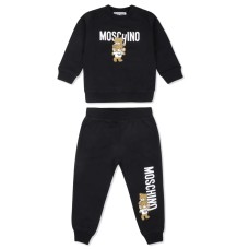 MOSCHINO COMPLETO BABY IN COTONE FELPA A GIROCOLLO+PANTALONE BLACK CON LOGO LETTERING WHITE E TEDDY BEAR