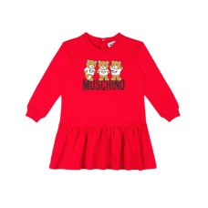 MOSCHINO ABITO A MANICA LUNGA ROSSO CON LOGO LETTERING E STAMPA TEDDY BEAR