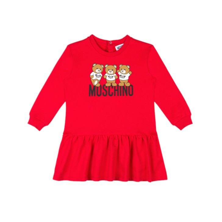 MOSCHINO ABITO A MANICA LUNGA ROSSO CON LOGO LETTERING E STAMPA TEDDY BEAR