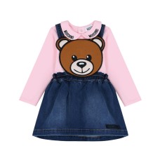 MOSCHINO SALOPETTE IN DENIM BLU CON MAXI TEDDY BEAR E MAGLIA A MANICA LUNGA IN COTONE PINK CON LOGO LETTERING RICAMATO BLACK