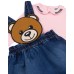 MOSCHINO SALOPETTE IN DENIM BLU CON MAXI TEDDY BEAR E MAGLIA A MANICA LUNGA IN COTONE PINK CON LOGO LETTERING RICAMATO BLACK