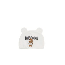 MOSCHINO CAPPELLO BABY UNISEX IN COTONE WHITE CON LOGO LETTERING E TEDDY BEAR