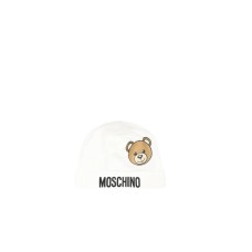 MOSCHINO CAPPELLO IN COTONE WHITE CON LOGO LETTERING BLACK E TEDDY BEAR	