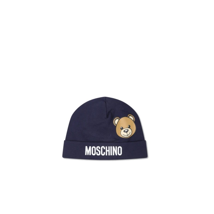 MOSCHINO CAPPELLO IN COTONE BLU CON LOGO LETTERING WHITE E TEDDY BEAR	