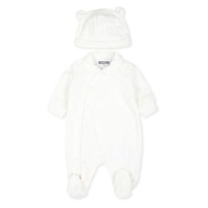 MOSCHINO SET TUTINA+BERRETTO BABY UNISEX WHITE CON LOGO LETTERING JACQUARD ALL OVER TERRY CLOTH