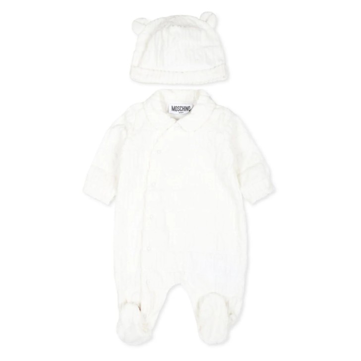 MOSCHINO SET TUTINA+BERRETTO BABY UNISEX WHITE CON LOGO LETTERING JACQUARD ALL OVER TERRY CLOTH