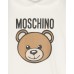 MOSCHINO TUTINA+BAVAGLINO+BERRETTO BABY UNISEX IN COTONE WHITE CON LOGO LETTERING BLACK E TEDDY BEAR