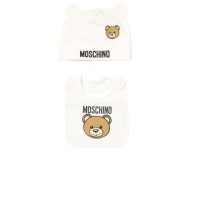 MOSCHINO SET BERRETTO+BAVAGLINO UNISEX IN COTONE WHITE CON LOGO LETTERING BLACK E TEDDY BEAR	