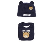 MOSCHINO SET BERRETTO+BAVAGLINO IN COTONE BLU CON LOGO LETTERING WHITE E TEDDY BEAR