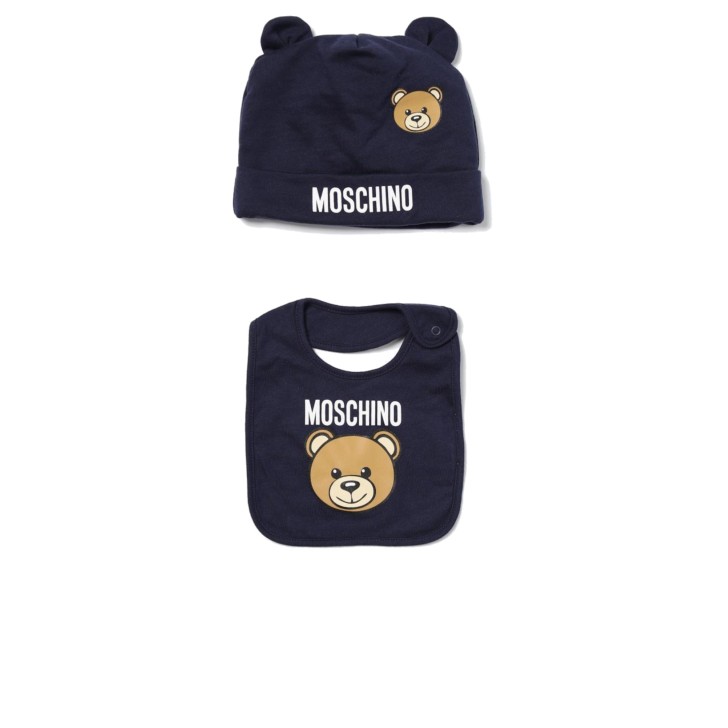 MOSCHINO SET BERRETTO+BAVAGLINO IN COTONE BLU CON LOGO LETTERING WHITE E TEDDY BEAR