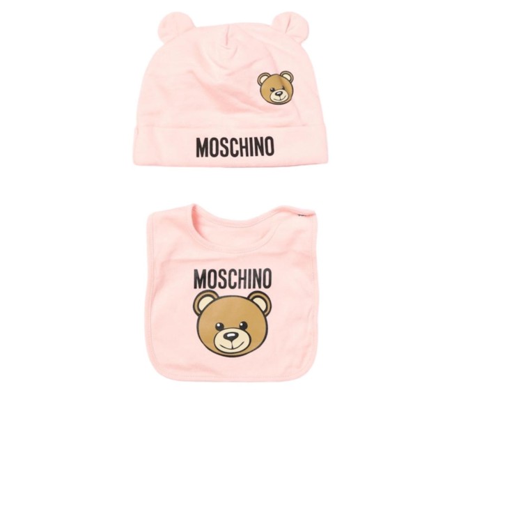 MOSCHINO SET BERRETTO+BAVAGLINO IN COTONE ROSA CON LOGO LETTERING BLACK E TEDDY BEAR	