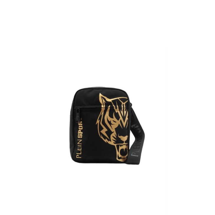 Plein Sport tracolla in nylon nera con tasca nella parte anteriore con chiusura zip e logo oro a contrasto