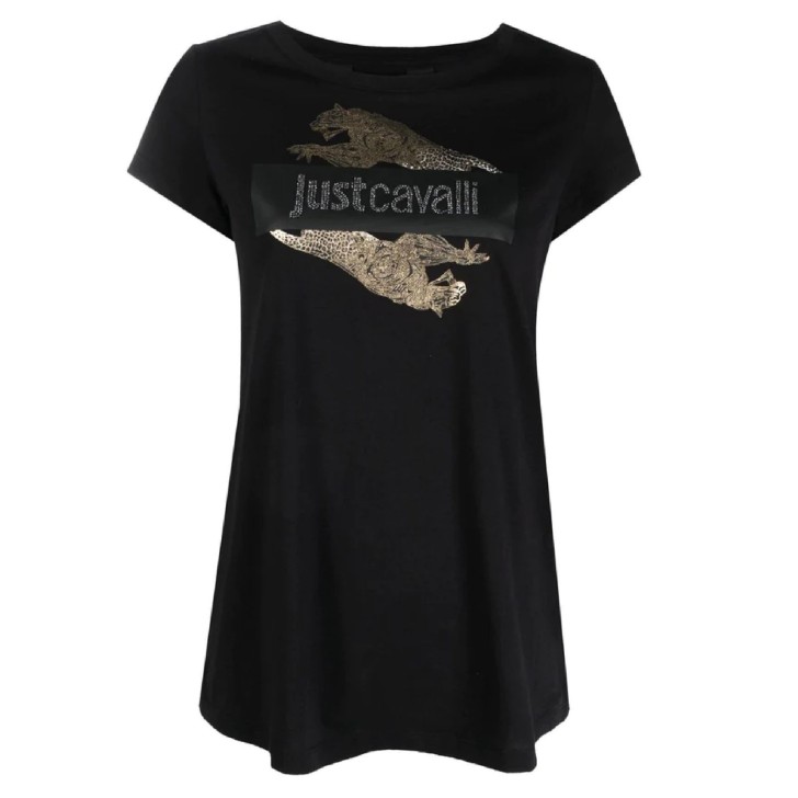 Just Cavalli T-shirt nera in jersey di cotone a manica corta con logo JUST CAVALLI in strass