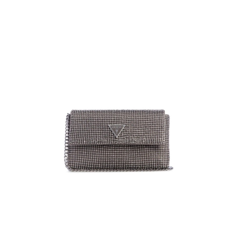 GUESS MINI POCHETTE CON STRASS ALL OVER E TRACOLLA IN CATENA SILVER ESTRAIBILE