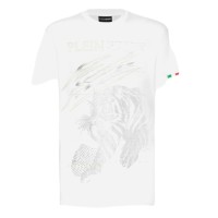 PLEIN SPORT T-SHIRT IN JERSEY DI COTONE A MANICA CORTA WHITE E GOLD CON STAMPA LAMINATA E IN STRASS