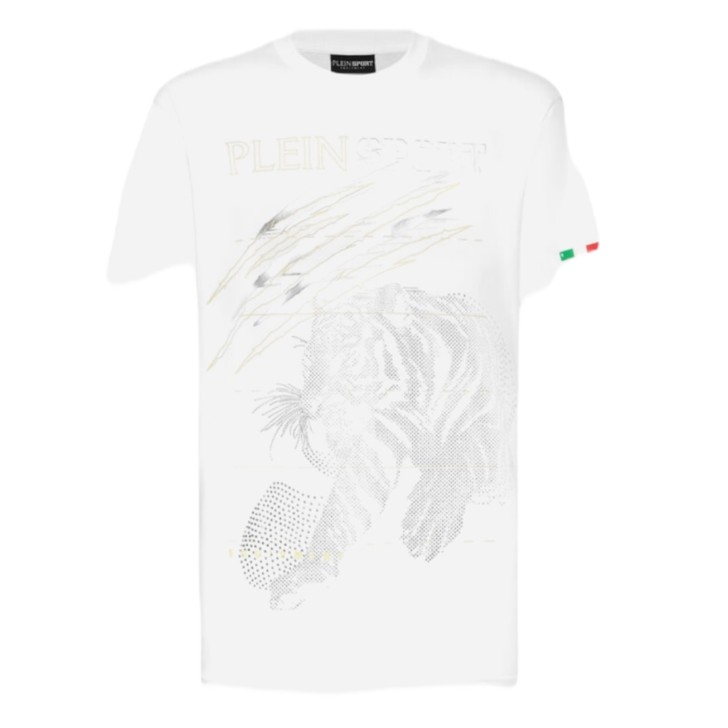 PLEIN SPORT T-SHIRT IN JERSEY DI COTONE A MANICA CORTA WHITE E GOLD CON STAMPA LAMINATA E IN STRASS