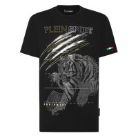 PLEIN SPORT T-SHIRT IN JERSEY DI COTONE A MANICA CORTA BLACK E SILVER CON STAMPA LAMINATA E IN STRASS