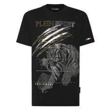 PLEIN SPORT T-SHIRT IN JERSEY DI COTONE A MANICA CORTA BLACK E SILVER CON STAMPA LAMINATA E IN STRASS