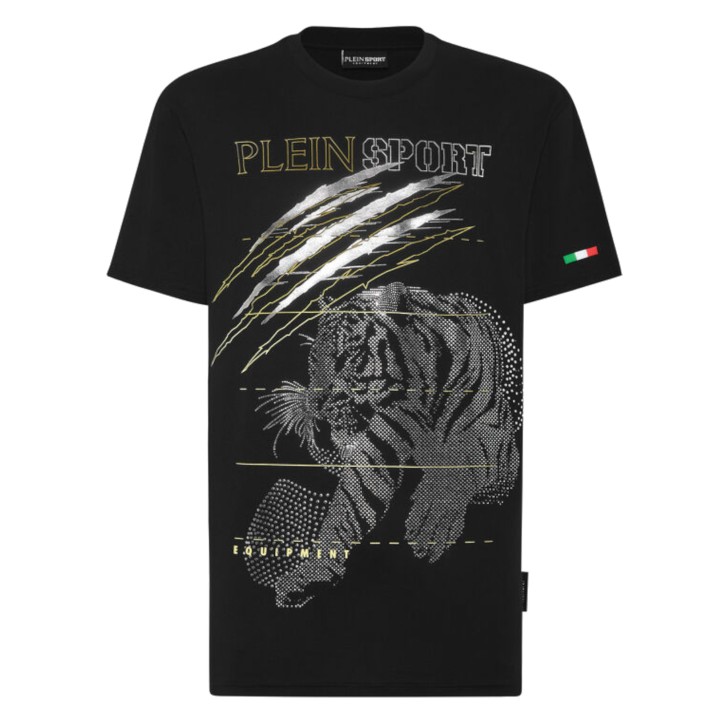 PLEIN SPORT T-SHIRT IN JERSEY DI COTONE A MANICA CORTA BLACK E SILVER CON STAMPA LAMINATA E IN STRASS