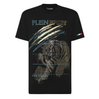 PLEIN SPORT T-SHIRT IN JERSEY DI COTONE A MANICA CORTA BLACK E GOLD CON STAMPA LAMINATA E IN STRASS