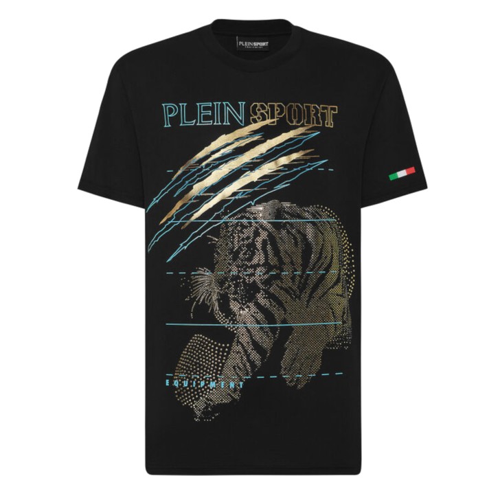 PLEIN SPORT T-SHIRT IN JERSEY DI COTONE A MANICA CORTA BLACK E GOLD CON STAMPA LAMINATA E IN STRASS