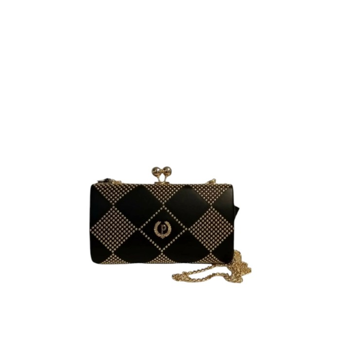 POLLINI POCHETTE NERA CON  BORCHIE ORO ALL OVER E TRACOLLA IN CATENA DORATA