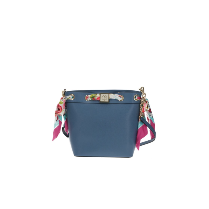 Pollini Borsa a secchiello Azzurra con tracolla regolabile estraibile e foulard floreale