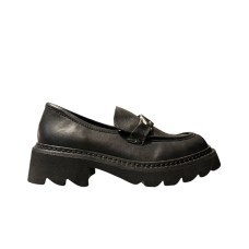 4US MOCASSINO IN LEATHER BLACK CON LOGO LETTERING IN METALLO