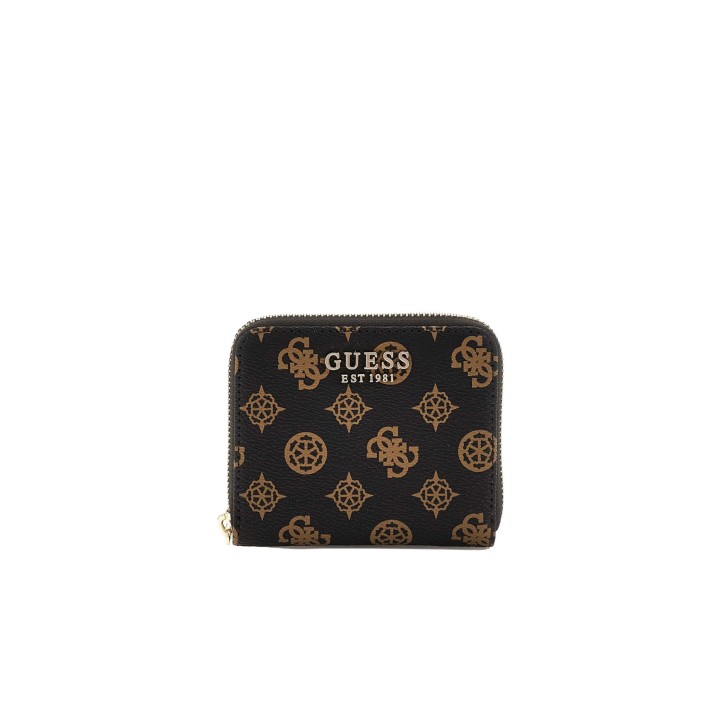 GUESS LAUREL PORTAFOGLIO PICCOLO MOCHA CON LOGO ALL-OVER A CONTRASTO