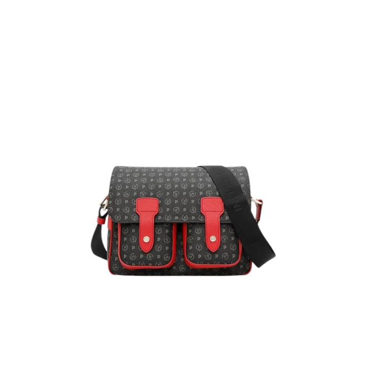 Pollini Borsa a spalla Messenger large Nera con Stampa Heritage e inserti Rossi