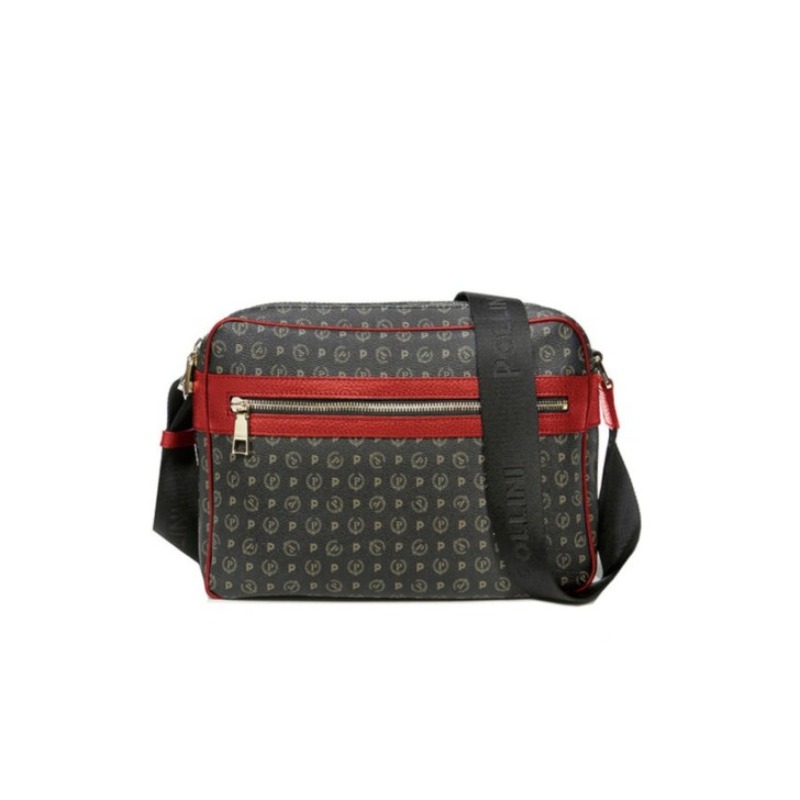 Pollini Borsa a spalla Messenger Nera con stampa Heritage e inserti rossi