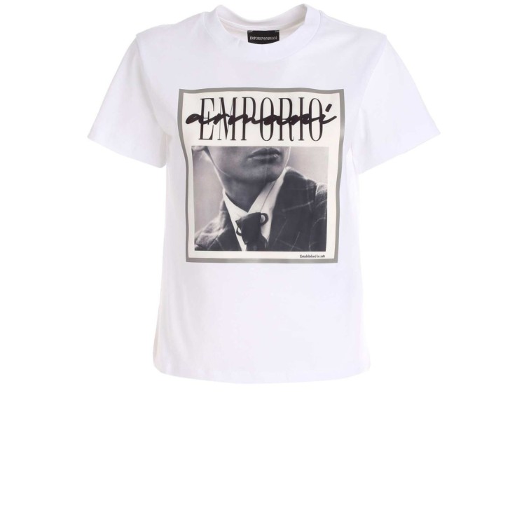 Emporio Armani T-shirt a manica corta Bianca in cotone con stampa fotografica su organza effetto 3D e logo lettering