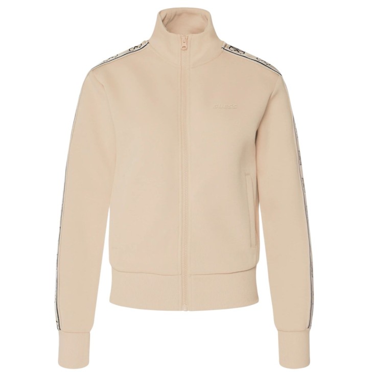 GUESS FELPA BRITNEY IN COTONE TAUPE FULL ZIP CON BANDE 4G LOGO