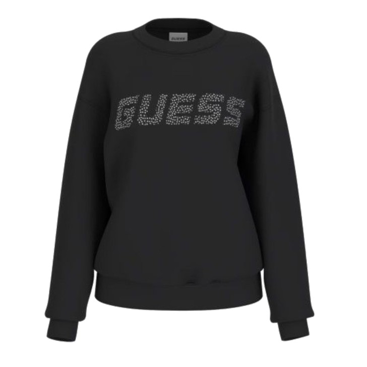 GUESS FELPA A GIROCOLLO BLACK CON LOGO LETTERING IN STRASS