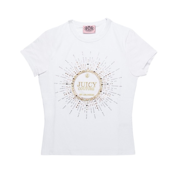 JUICY COUTURE T-SHIRT A MANICA CORTA IN COTONE WHITE CON MAXI LOGO LETTERING RICAMATO E STRASS	