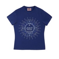 JUICY COUTURE T-SHIRT A MANICA CORTA IN COTONE BLUE CON MAXI LOGO LETTERING RICAMATO E STRASS 