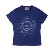 JUICY COUTURE T-SHIRT A MANICA CORTA IN COTONE BLUE CON MAXI LOGO LETTERING RICAMATO E STRASS 