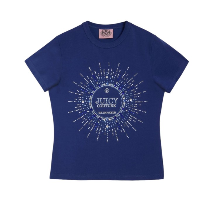 JUICY COUTURE T-SHIRT A MANICA CORTA IN COTONE BLUE CON MAXI LOGO LETTERING RICAMATO E STRASS 