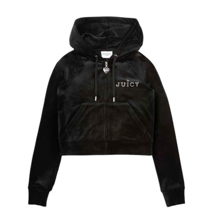 JUICY COUTURE FELPA CORTA IN CINIGLIA BLACK CON CAPPUCCIO E LOGO LETTERING IN STRASS ARGENTO