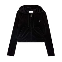 JUICY COUTURE FELPA FULL ZIP IN CINIGLIA BLACK CON CAPPUCCIO E LOGO LETTERING IN STRASS ARGENTO